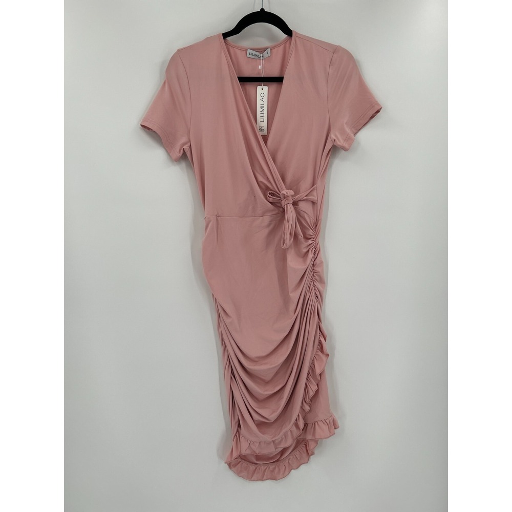 Liumilac Womens Size M Soft Blush Pink Side Rouched Long Ruffle Dress New